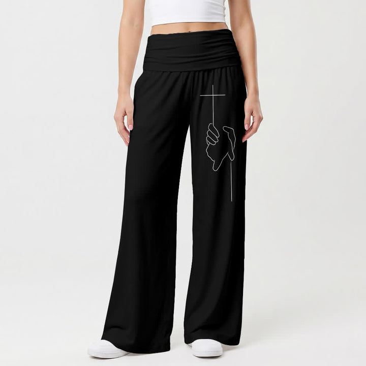 Christianartworkshop Elegante schwarze, weich fallende Damenhose mit weitem Bein und Kreuzlinienmuster - image 1