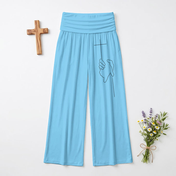 Christianartworkshop Elegante schwarze, weich fallende Damenhose mit weitem Bein und Kreuzlinienmuster - Blau - US22, UK/AU26, EU54 - image 3
