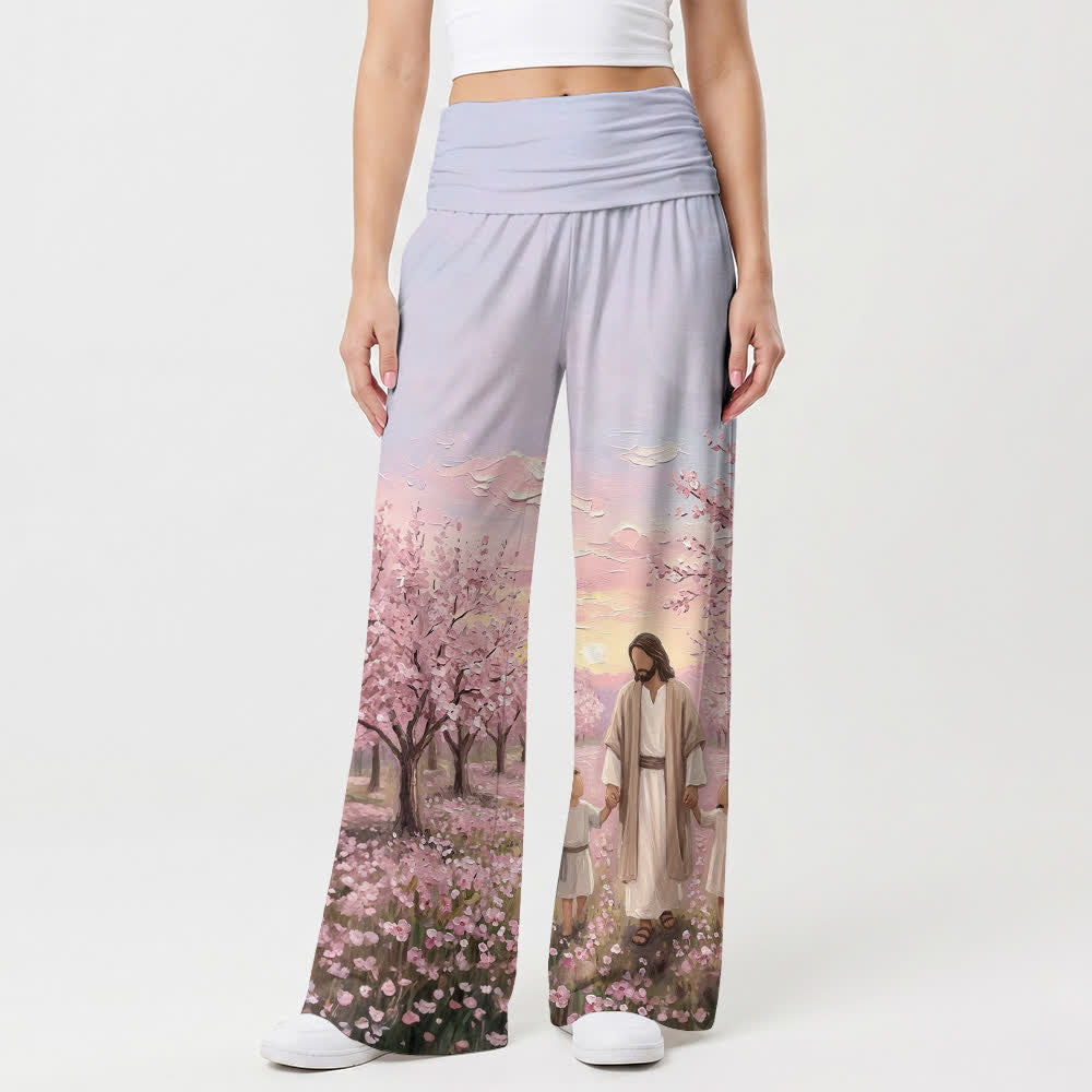 Christianartworkshop Damenhose mit weitem Bein und Kirschblüten-Sonnenaufgangsmuster „Jesus Cherry Blossom Sunrise Print“. - image 1
