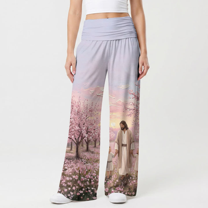 Christianartworkshop Damenhose mit weitem Bein und Kirschblüten-Sonnenaufgangsmuster „Jesus Cherry Blossom Sunrise Print“. - image 1