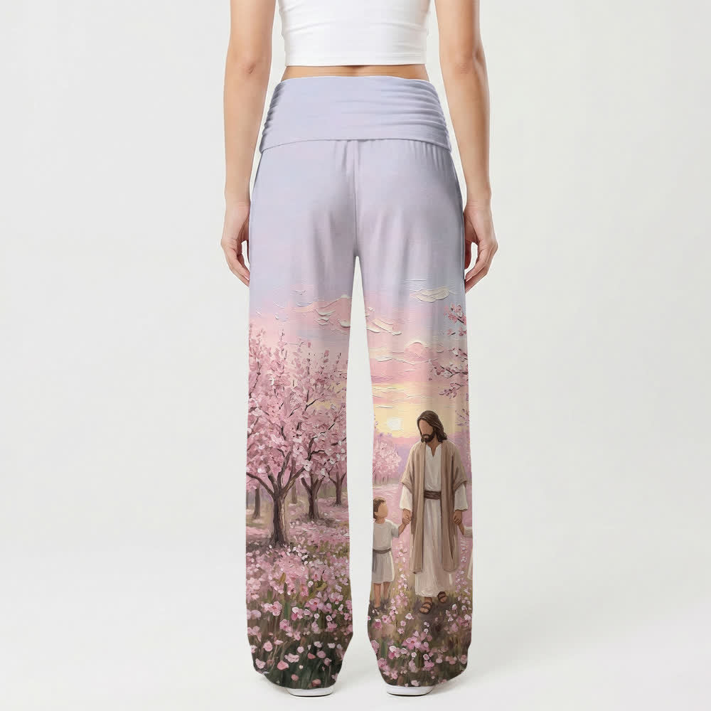 Christianartworkshop Damenhose mit weitem Bein und Kirschblüten-Sonnenaufgangsmuster „Jesus Cherry Blossom Sunrise Print“. - image 2