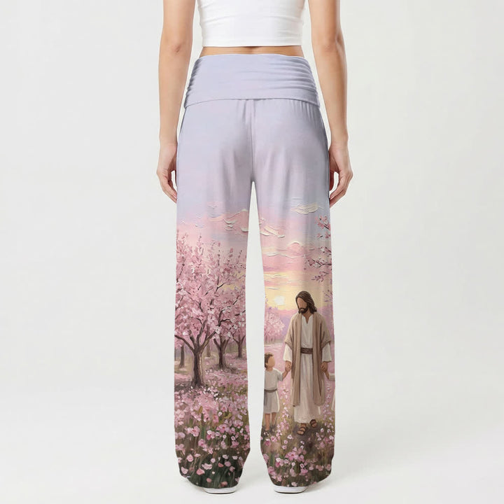 Christianartworkshop Damenhose mit weitem Bein und Kirschblüten-Sonnenaufgangsmuster „Jesus Cherry Blossom Sunrise Print“. - image 2