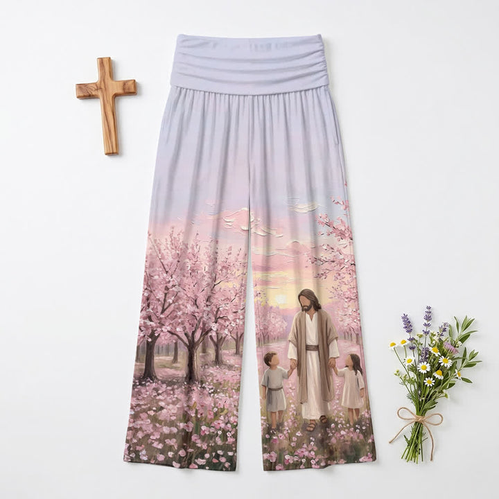 Christianartworkshop Damenhose mit weitem Bein und Kirschblüten-Sonnenaufgangsmuster „Jesus Cherry Blossom Sunrise Print“. - US22, UK/AU26, EU54 - image 0