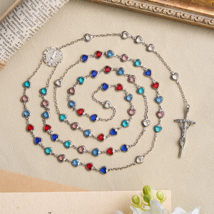Christianartworkshop Silberfarbener Herz-Zirkonrosenkranz mit St.-Benedikt-Medaille: Symbol sanfter himmlischer Gnade - Rosenkranz mit herzförmigen Zirkonperlen - image 0