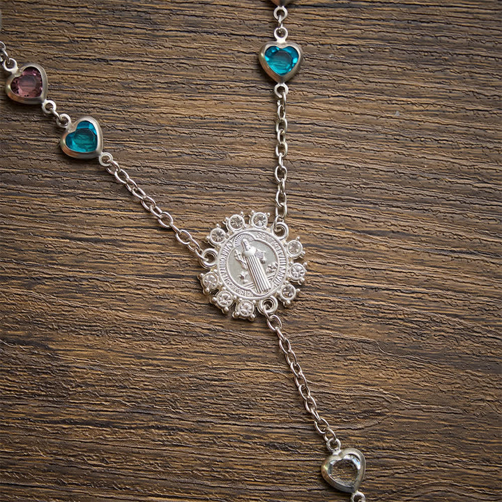 Christianartworkshop Silberfarbener Herz-Zirkonrosenkranz mit St.-Benedikt-Medaille: Symbol sanfter himmlischer Gnade - image 7