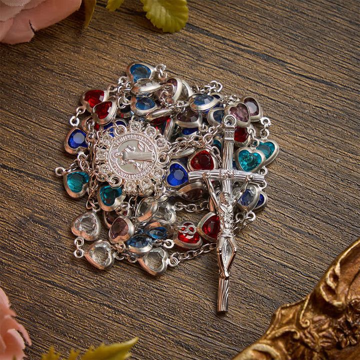 Christianartworkshop Silberfarbener Herz-Zirkonrosenkranz mit St.-Benedikt-Medaille: Symbol sanfter himmlischer Gnade - image 5
