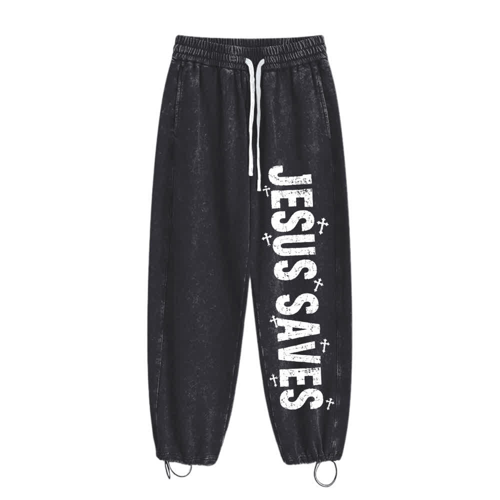 Christianartworkshop Jesus rettet – Ausgewaschene Jogginghose mit Used-Look und Aufdruck - image 11