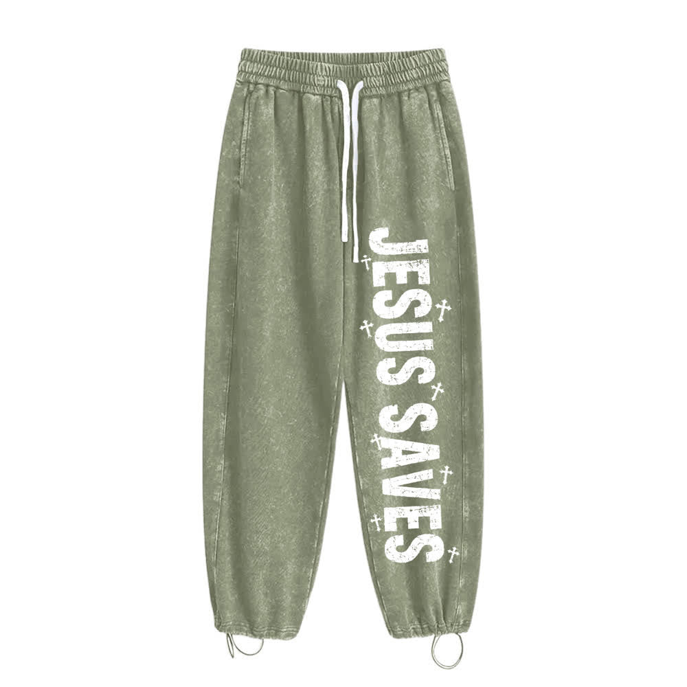 Christianartworkshop Jesus rettet – Ausgewaschene Jogginghose mit Used-Look und Aufdruck - image 14
