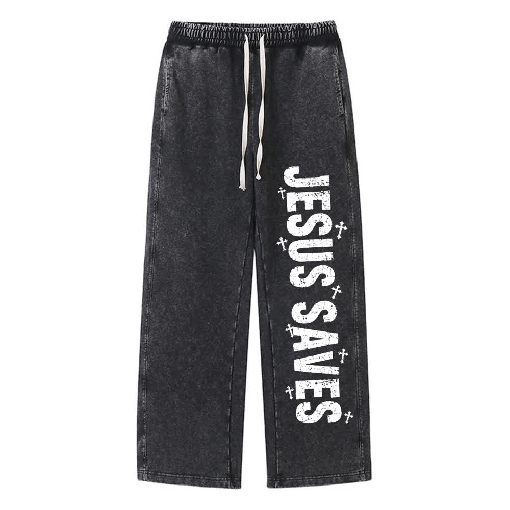 Christianartworkshop Jesus rettet – Ausgewaschene Jogginghose mit Used-Look und Aufdruck - Schwarz - 2XL - image 9