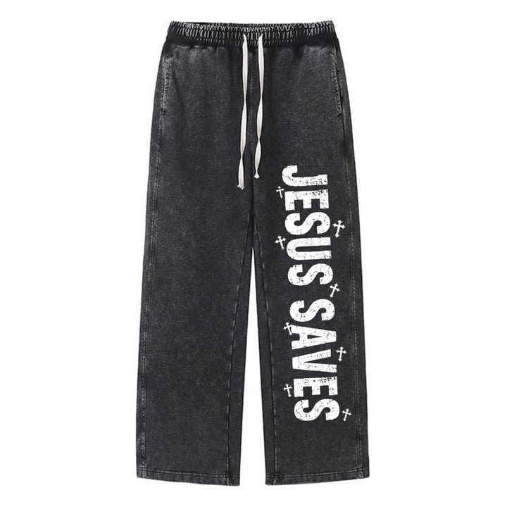Christianartworkshop Jesus rettet – Ausgewaschene Jogginghose mit Used-Look und Aufdruck - Schwarz - 2XL - image 9