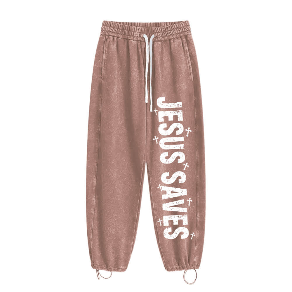 Christianartworkshop Jesus rettet – Ausgewaschene Jogginghose mit Used-Look und Aufdruck - Braun - 2XL - image 17