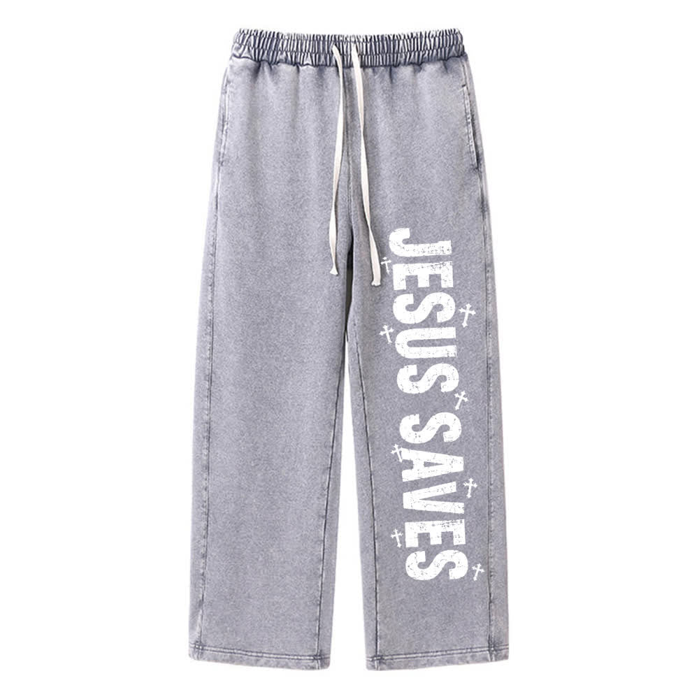Christianartworkshop Jesus rettet – Ausgewaschene Jogginghose mit Used-Look und Aufdruck - Grau - 2XL - image 3