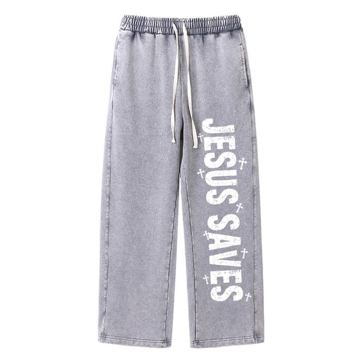 Christianartworkshop Jesus rettet – Ausgewaschene Jogginghose mit Used-Look und Aufdruck - Grau - 2XL - image 3