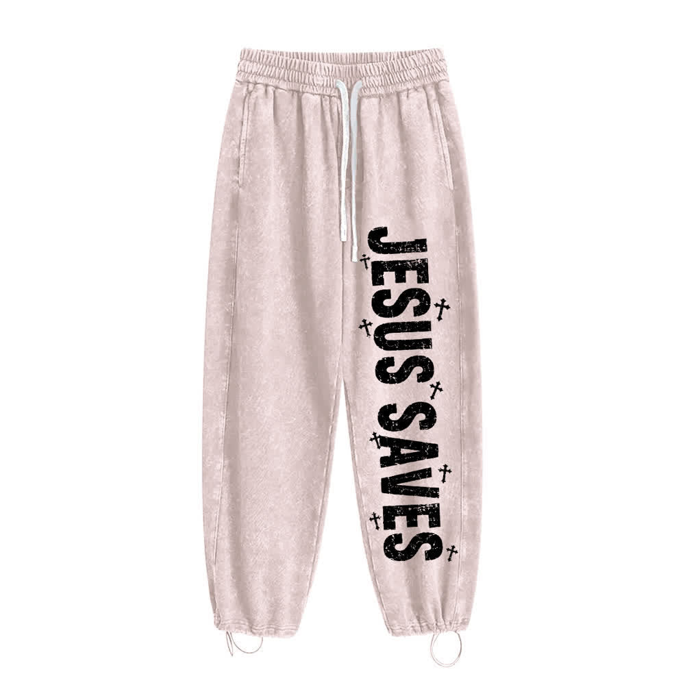 Christianartworkshop Jesus rettet – Ausgewaschene Jogginghose mit Used-Look und Aufdruck - Beige - 2XL - image 8