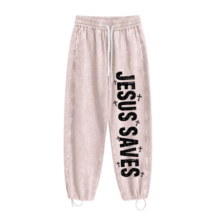 Christianartworkshop Jesus rettet – Ausgewaschene Jogginghose mit Used-Look und Aufdruck - Beige - 2XL - image 8