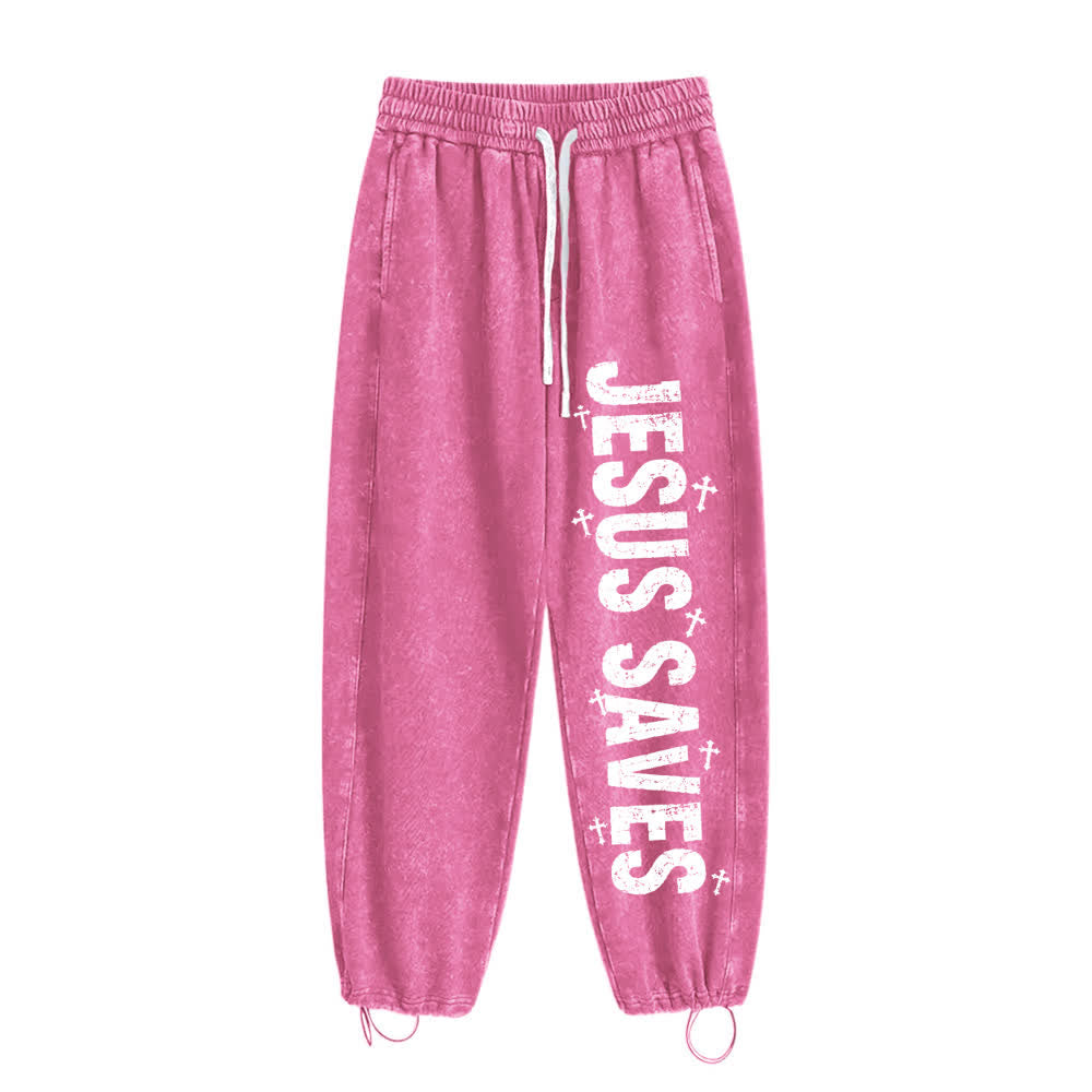 Christianartworkshop Jesus rettet – Ausgewaschene Jogginghose mit Used-Look und Aufdruck - image 2
