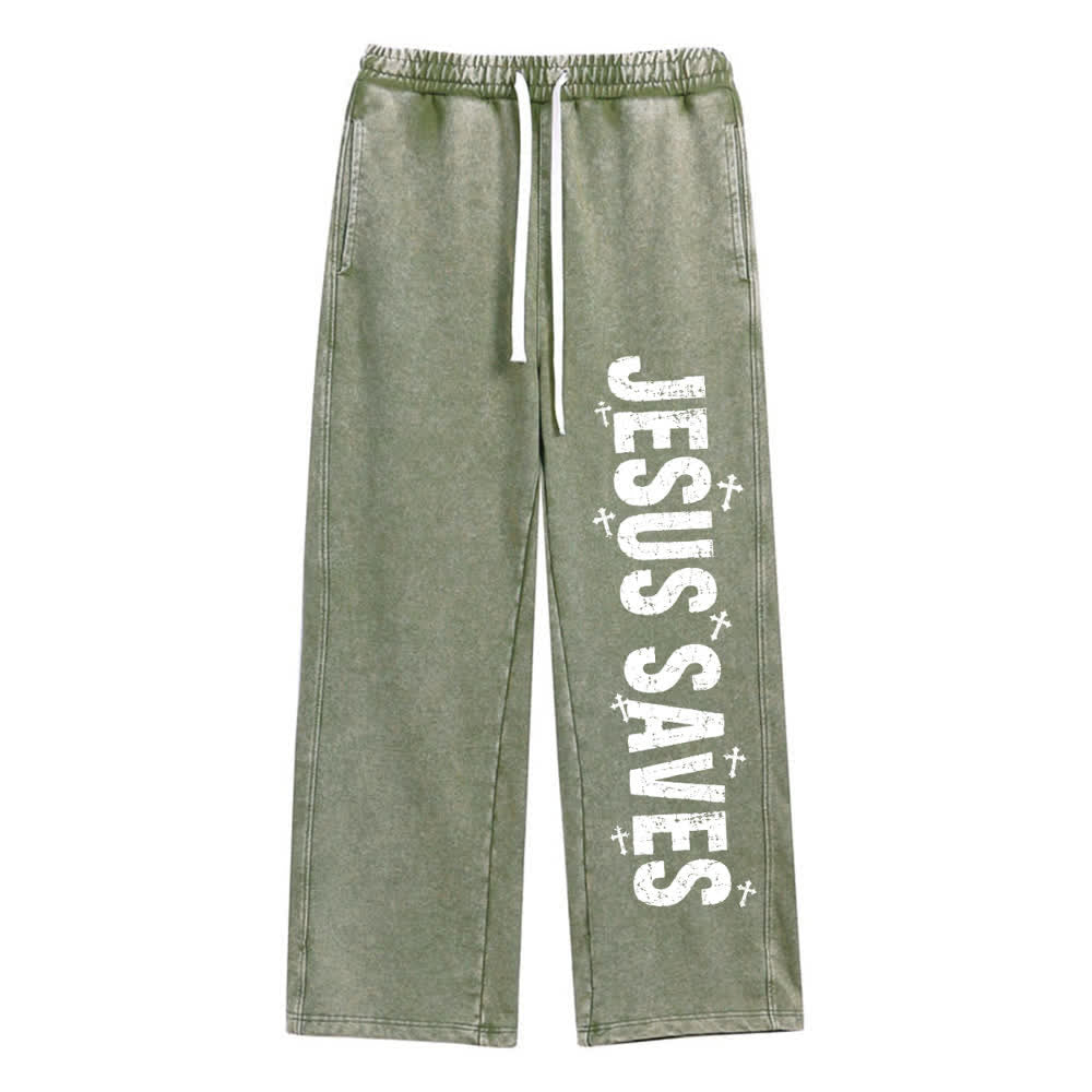 Christianartworkshop Jesus rettet – Ausgewaschene Jogginghose mit Used-Look und Aufdruck - Armeegrün - 2XL - image 12