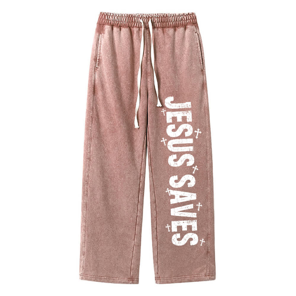 Christianartworkshop Jesus rettet – Ausgewaschene Jogginghose mit Used-Look und Aufdruck - image 15