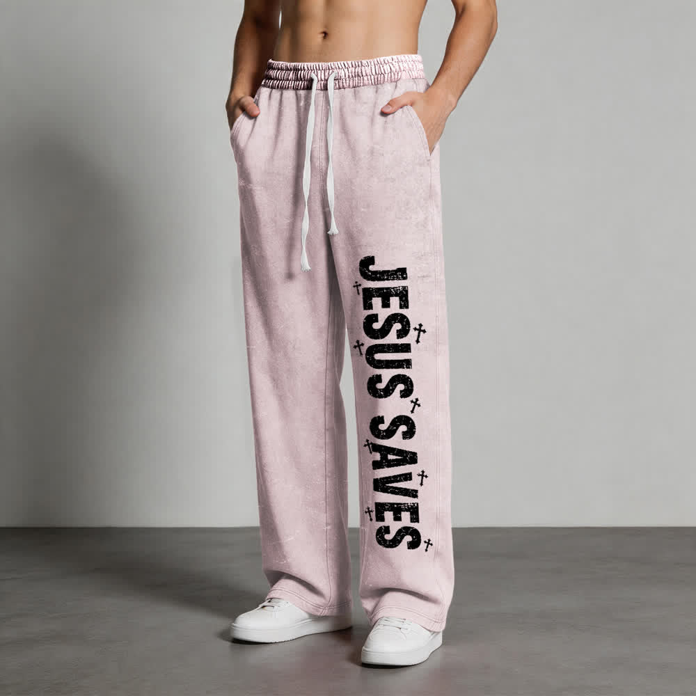 Christianartworkshop Jesus rettet – Ausgewaschene Jogginghose mit Used-Look und Aufdruck - image 7