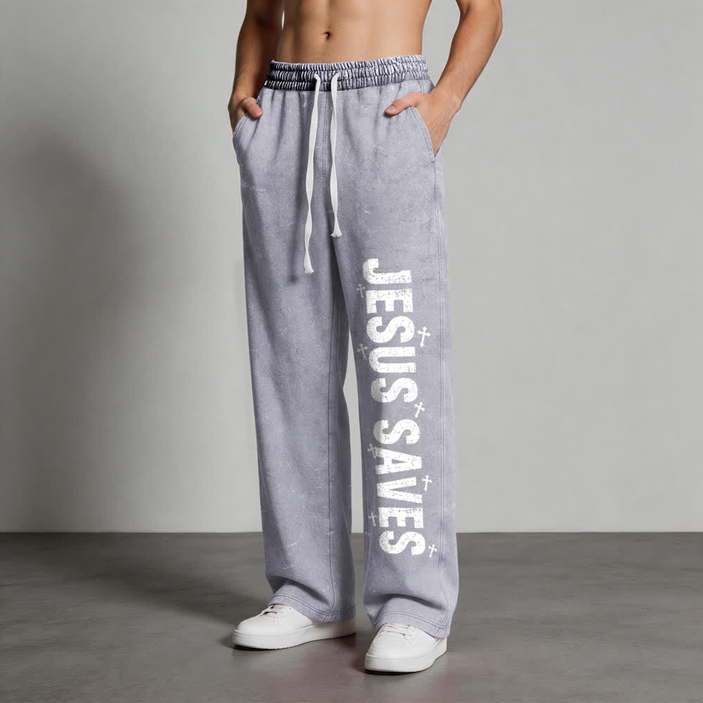 Christianartworkshop Jesus rettet – Ausgewaschene Jogginghose mit Used-Look und Aufdruck - image 4