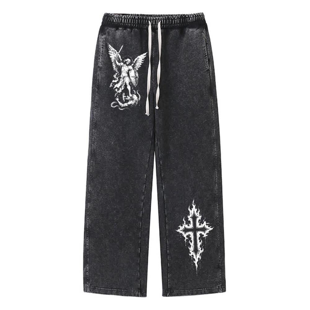 Christianartworkshop St. Michael Erzengel Flammenkreuz Vintage Street Washed Sweatpants - Schwarz - 2XL - image 0