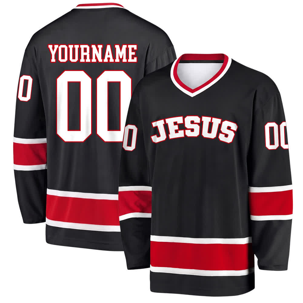 Christianartworkshop Auffälliges Jesus-Glaubensbekenntnis, Name und Nummer auf individuellem Hockeytrikot - Schwarz - 5XL - Name & Nummer personalisiert - image 0