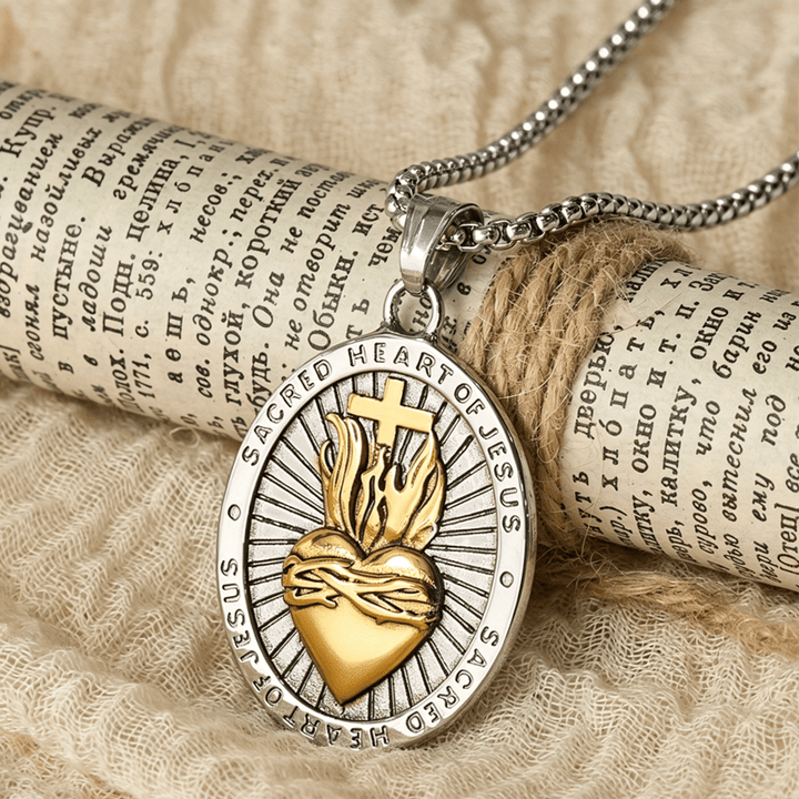Dreifarbige Medaillon-Halskette mit Herz Jesu und Kreuz, doppelseitig, von Christianartworkshop : Symbol der göttlichen Liebe - Golden - image 5