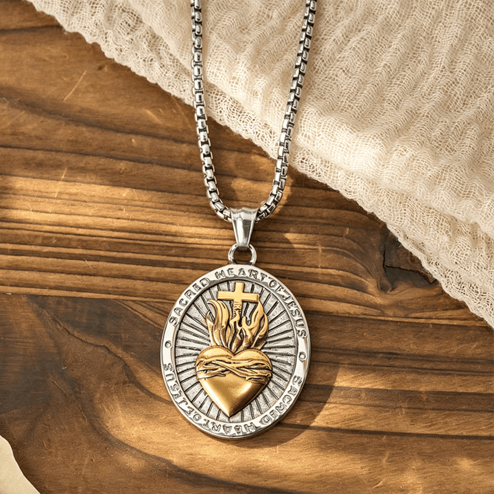 Dreifarbige Medaillon-Halskette mit Herz Jesu und Kreuz, doppelseitig, von Christianartworkshop : Symbol der göttlichen Liebe - image 7