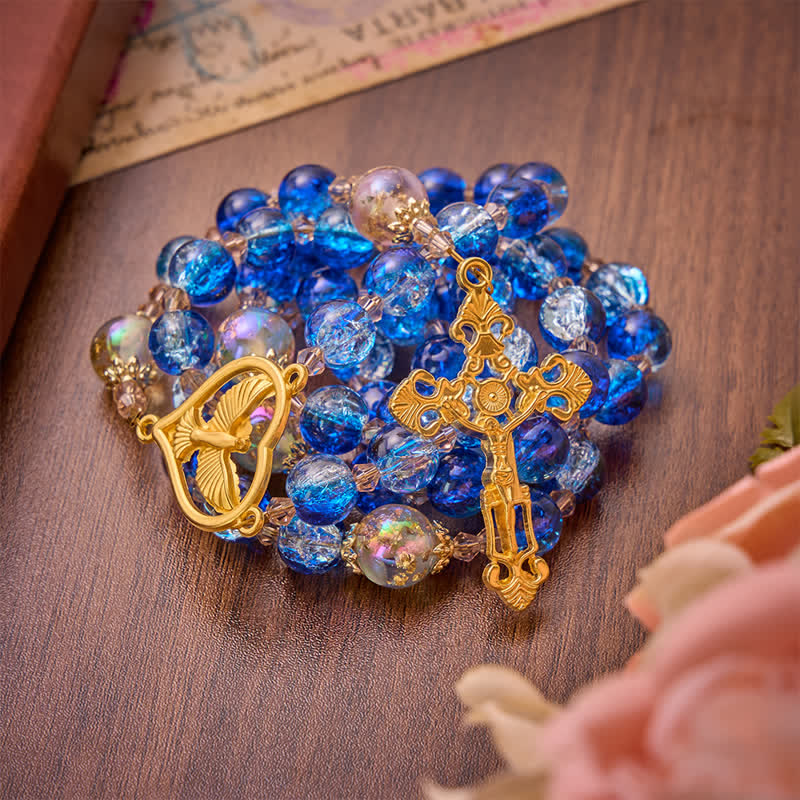 Christianartworkshop Rosenkranz aus ozeanblauem Crackle-Glas mit dem Heiligen Geist: Zeichen stillen himmlischen Segens - image 2