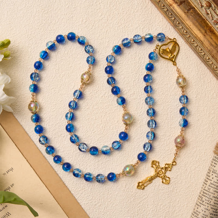 Christianartworkshop Rosenkranz aus ozeanblauem Crackle-Glas mit dem Heiligen Geist: Zeichen stillen himmlischen Segens - Rosenkranz des Heiligen Geistes in Ozeanblau - image 0