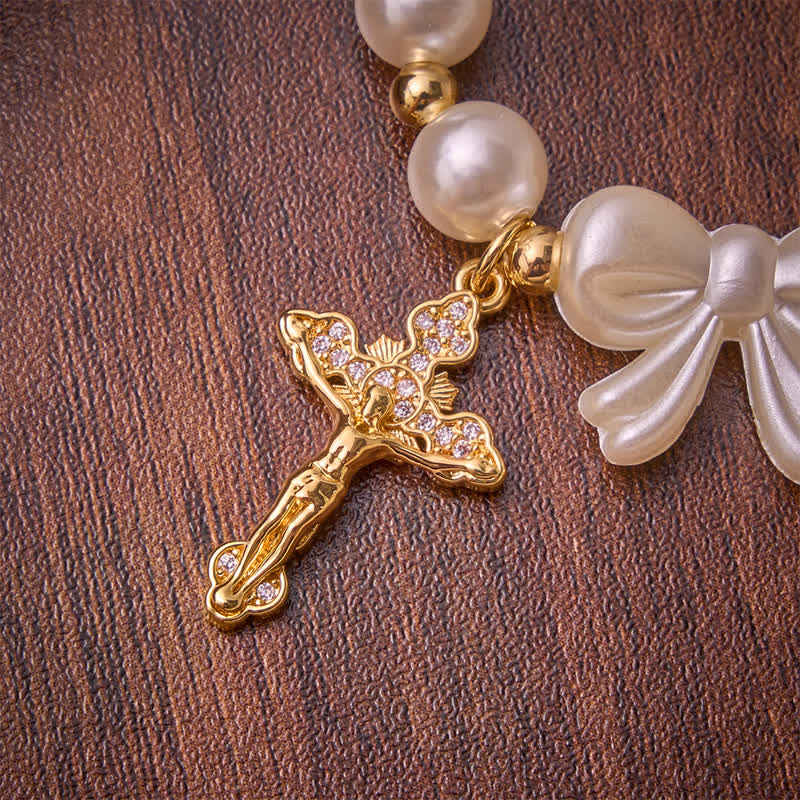 Christianartworkshop Weißes Rosenkranzarmband mit Schleife und Juwelenkreuz: Symbol himmlischer Gnade - image 6
