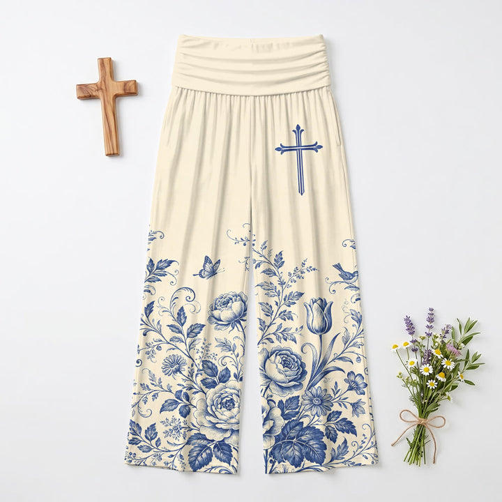Christianartworkshop Damenhose mit weitem Bein und blauem Blumenmuster und Kreuzverzierung - image 2