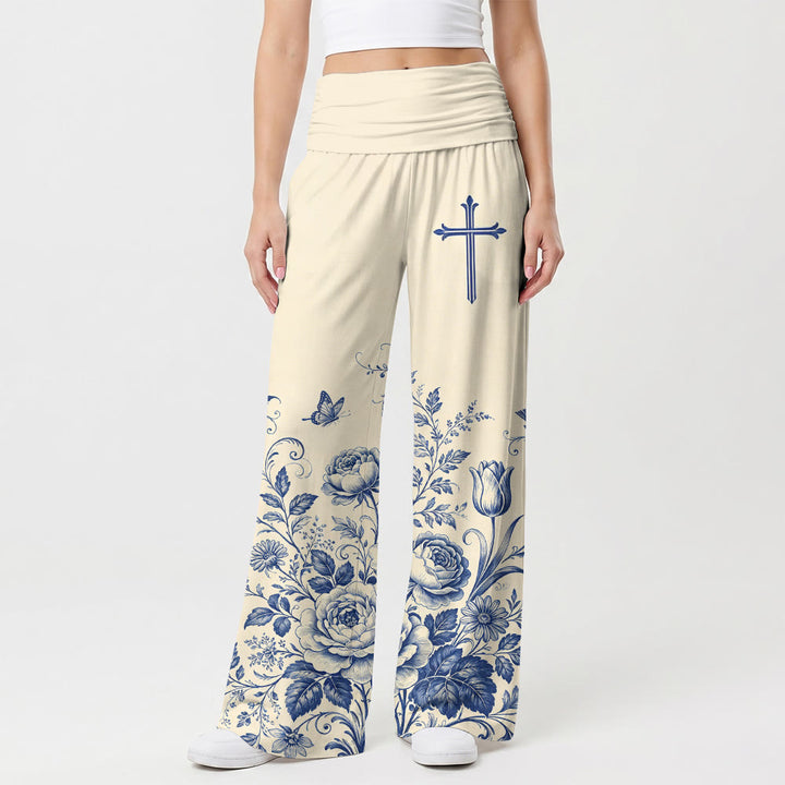 Christianartworkshop Damenhose mit weitem Bein und blauem Blumenmuster und Kreuzverzierung - US22, UK/AU26, EU54 - image 0
