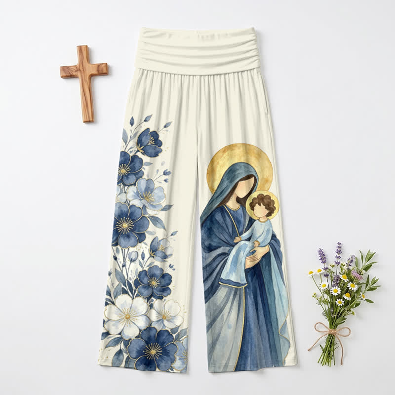 Christianartworkshop Madonna und Kind Blaue Blumen Damen Weite Hose - US22, UK/AU26, EU54 - image 0