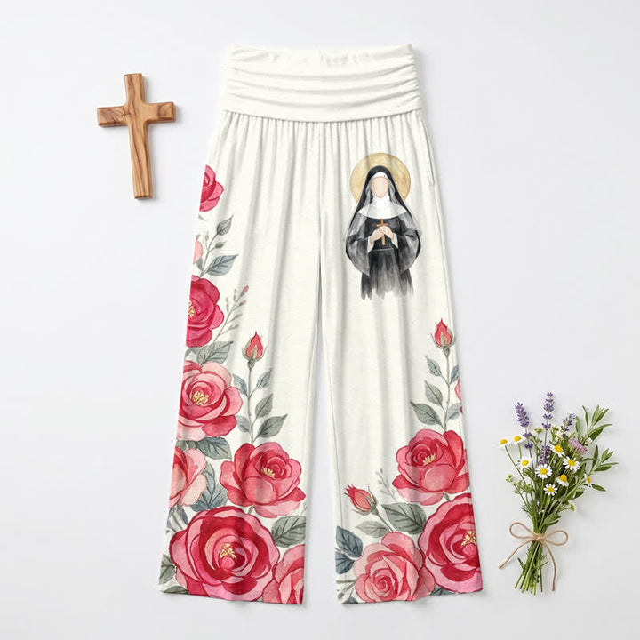Christianartworkshop Haloed Nun Rose Watercolor Damen-Hose mit weitem Bein - image 2