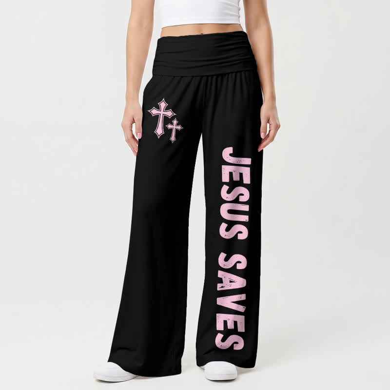 Christianartworkshop Jesus Saves Pink Cross Foldover Damen-Hose mit weitem Bein - Schwarz - US22, UK/AU26, EU54 - image 0