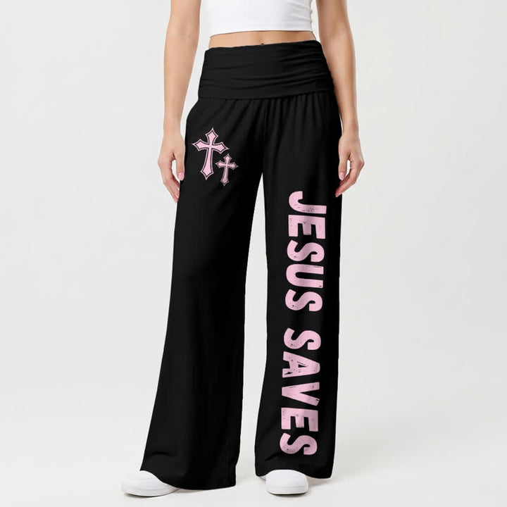 Christianartworkshop Jesus Saves Pink Cross Foldover Damen-Hose mit weitem Bein - Schwarz - US22, UK/AU26, EU54 - image 0