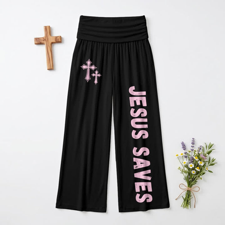 Christianartworkshop Jesus Saves Pink Cross Foldover Damen-Hose mit weitem Bein - image 2
