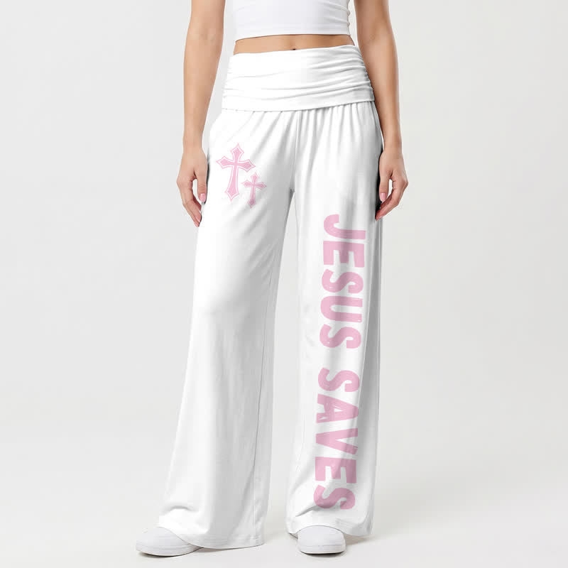 Christianartworkshop Jesus Saves Pink Cross Foldover Damen-Hose mit weitem Bein - Weiß - US22, UK/AU26, EU54 - image 9
