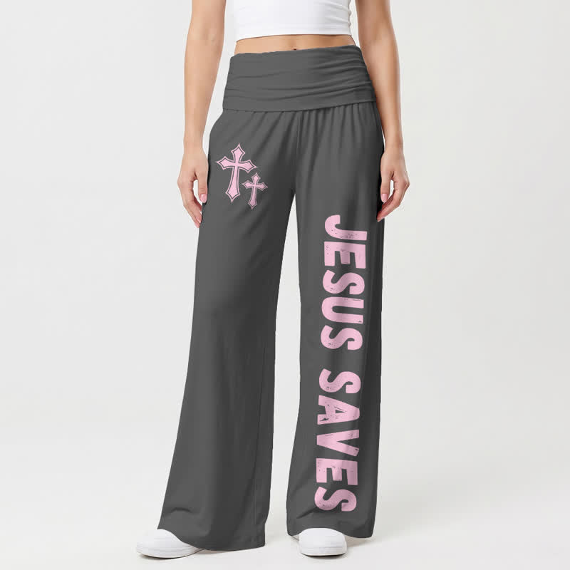 Christianartworkshop Jesus Saves Pink Cross Foldover Damen-Hose mit weitem Bein - Grau - US22, UK/AU26, EU54 - image 6