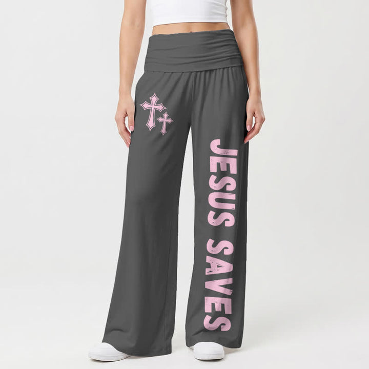 Christianartworkshop Jesus Saves Pink Cross Foldover Damen-Hose mit weitem Bein - Grau - US22, UK/AU26, EU54 - image 6