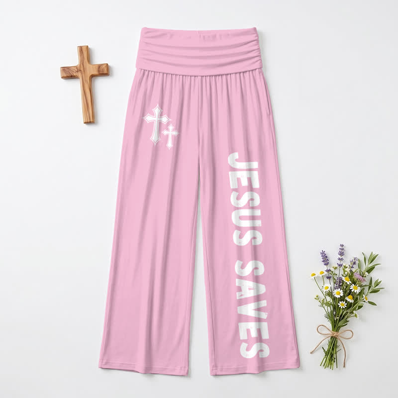 Christianartworkshop Jesus Saves Pink Cross Foldover Damen-Hose mit weitem Bein - image 5