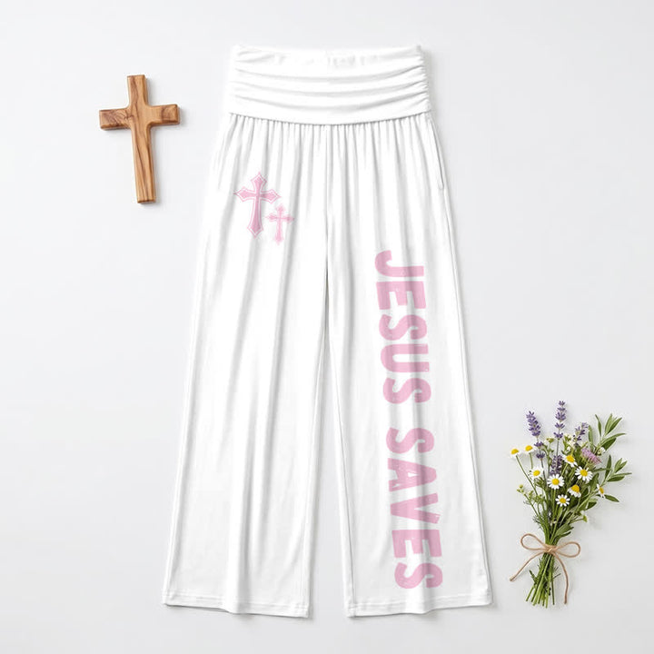 Christianartworkshop Jesus Saves Pink Cross Foldover Damen-Hose mit weitem Bein - image 11
