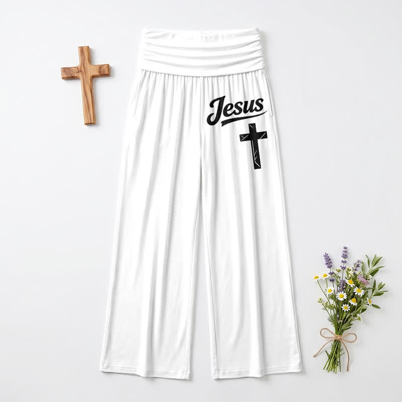 Christianartworkshop Jesus Cross Soft Drape High Waist Damen-Hose mit weitem Bein - Weiß - US22, UK/AU26, EU54 - image 0