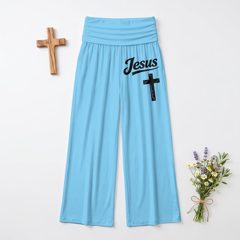 Christianartworkshop Jesus Cross Soft Drape High Waist Damen-Hose mit weitem Bein - Blau - US22, UK/AU26, EU54 - image 12