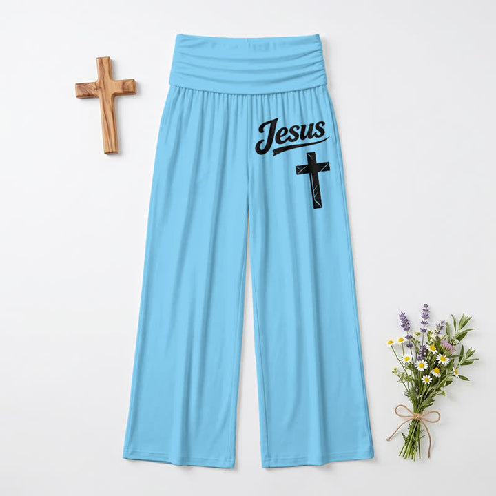 Christianartworkshop Jesus Cross Soft Drape High Waist Damen-Hose mit weitem Bein - Blau - US22, UK/AU26, EU54 - image 12