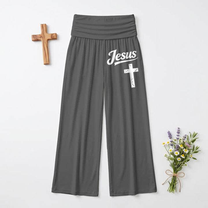 Christianartworkshop Jesus Cross Soft Drape High Waist Damen-Hose mit weitem Bein - Grau - US22, UK/AU26, EU54 - image 3