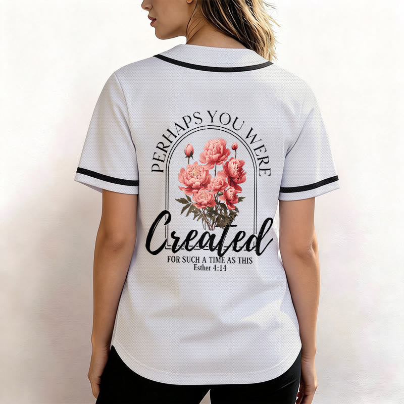 Christianartworkshop „Vielleicht wurdest du gerade für eine Zeit wie diese geschaffen“ Esther 4,14 Baseballtrikot mit Pfingstrosen-Glaubensmotiv und Knöpfen - image 3