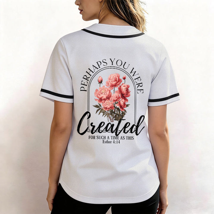 Christianartworkshop „Vielleicht wurdest du gerade für eine Zeit wie diese geschaffen“ Esther 4,14 Baseballtrikot mit Pfingstrosen-Glaubensmotiv und Knöpfen - image 3