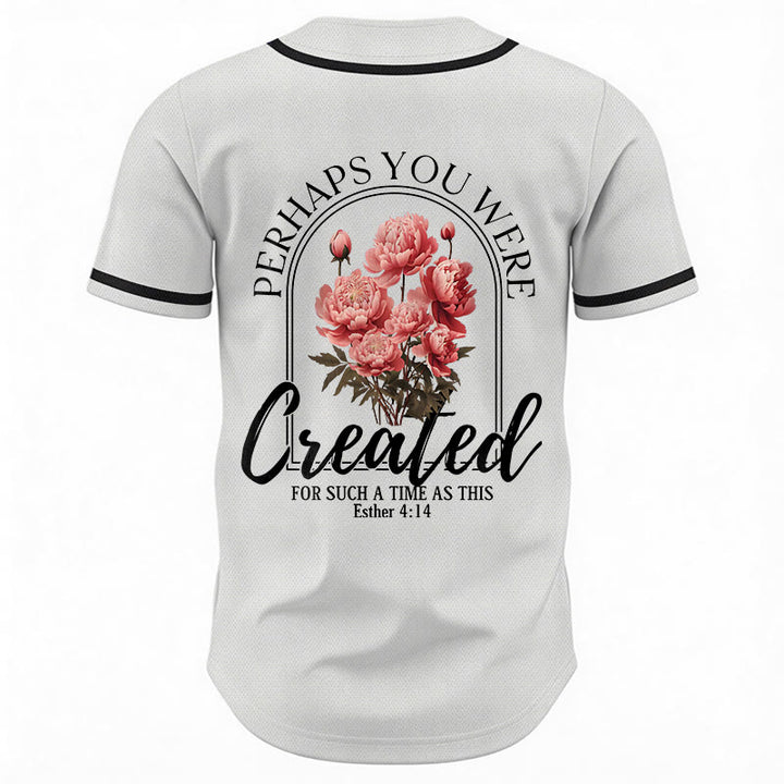 Christianartworkshop „Vielleicht wurdest du gerade für eine Zeit wie diese geschaffen“ Esther 4,14 Baseballtrikot mit Pfingstrosen-Glaubensmotiv und Knöpfen - image 1
